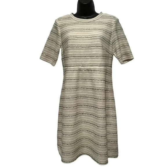 NWT Madison Leigh Metallic Striped Ivory Short Sleeve Holiday Dress Womens 10 - Picture 4 of 13